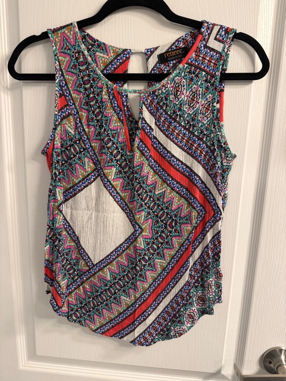 Renee C. Sleeveless Geometric Print Tank in Coral & Teal
